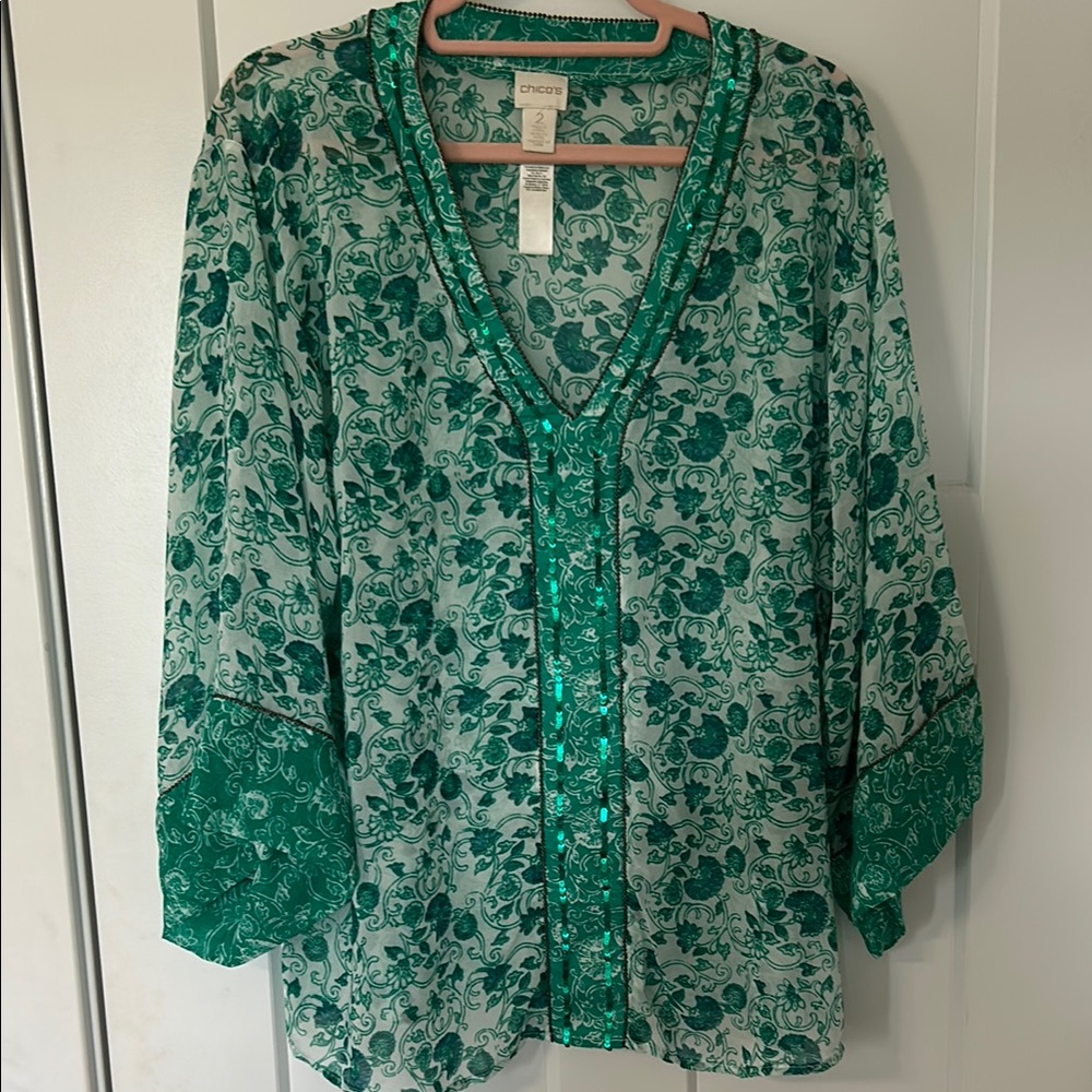Chico's Green and White Floral Blouse